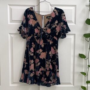 Lulu's Pink and Blue Velvet Floral Dress
